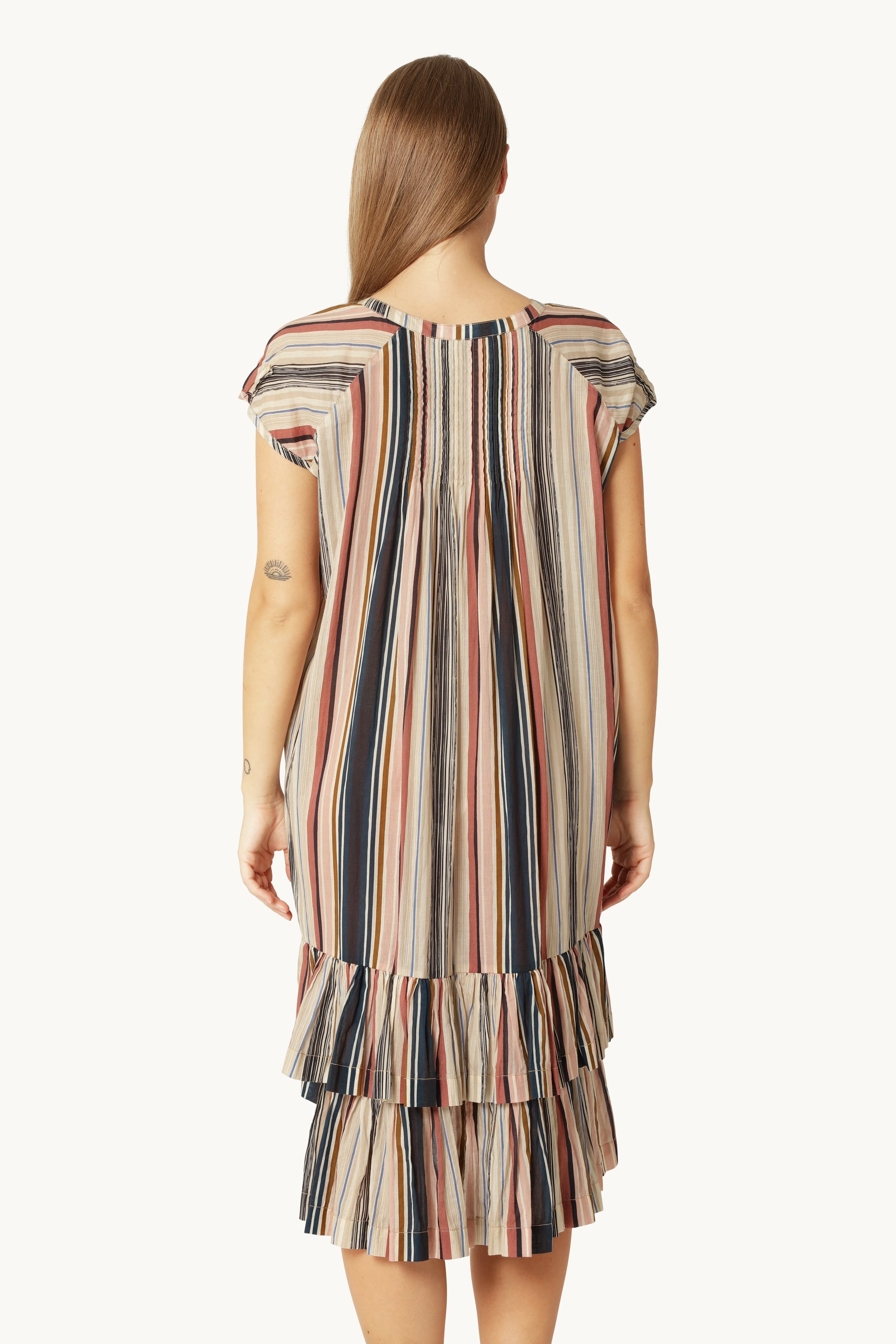 Vestido Largo de Manga Corta Pintuck - Beige Organic Stripe
