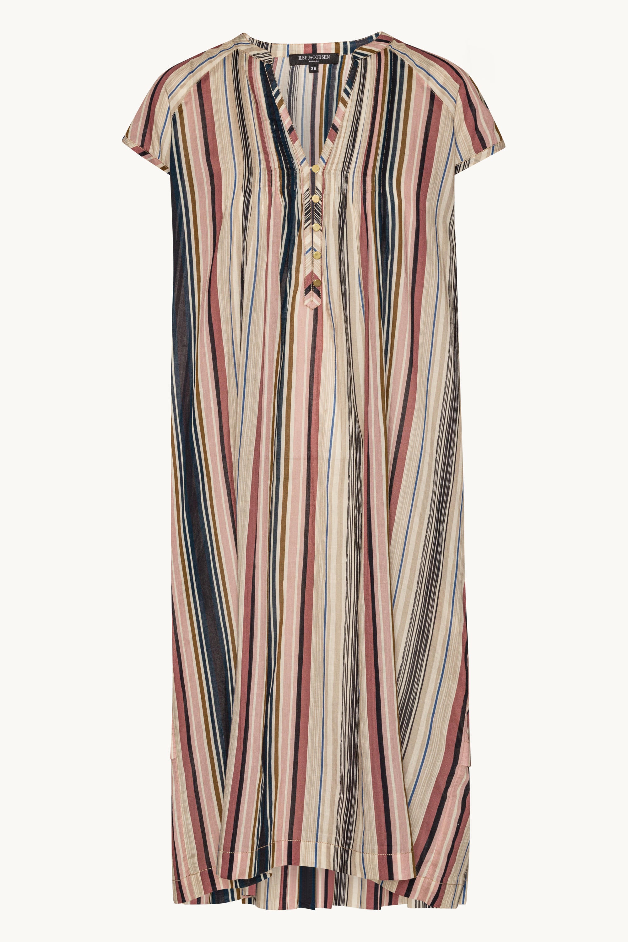 Vestido Largo de Manga Corta Pintuck - Beige Organic Stripe