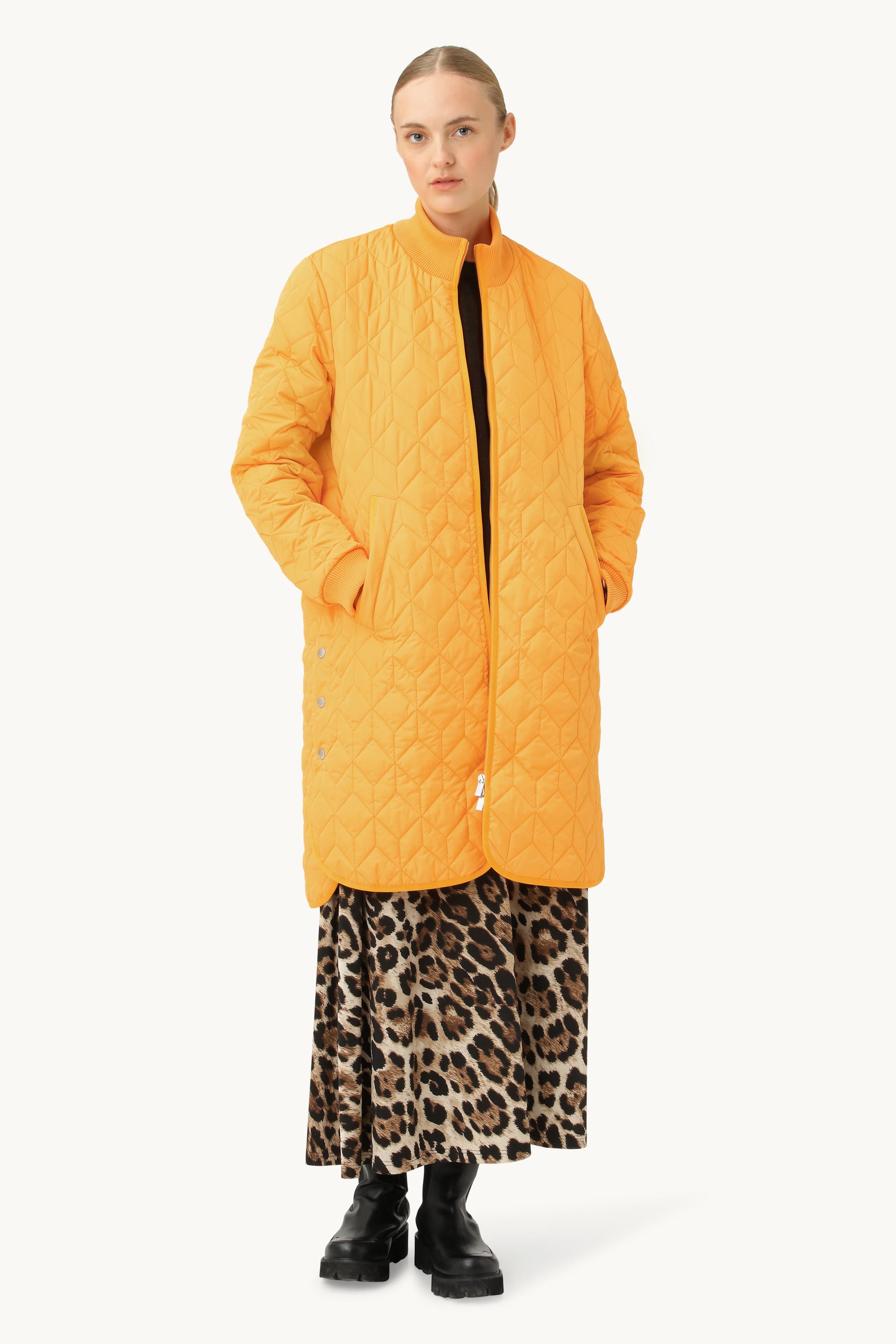 Long Padded Quilt Jacket - Flame Orange