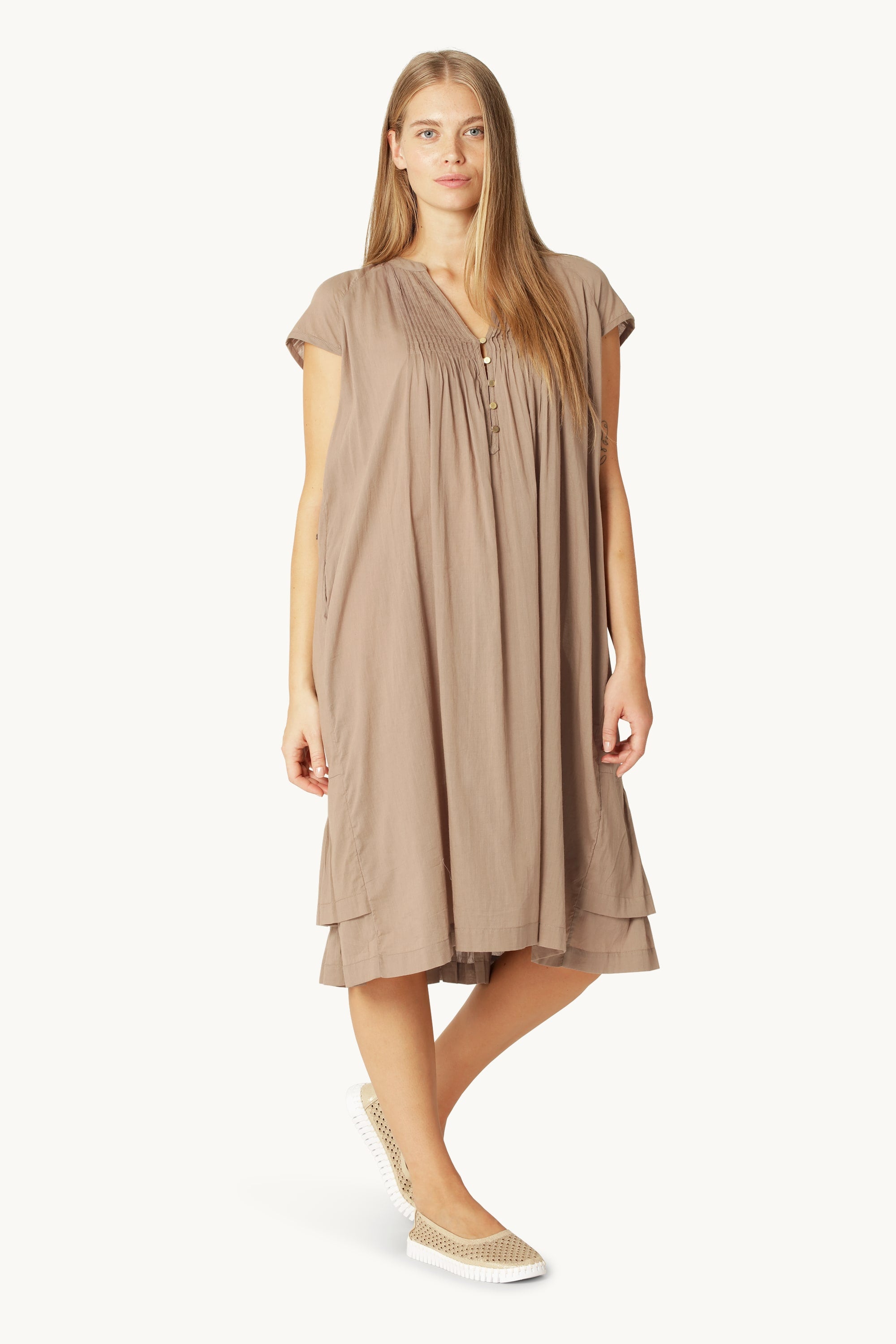 Vestido Largo de Manga Corta - Greige