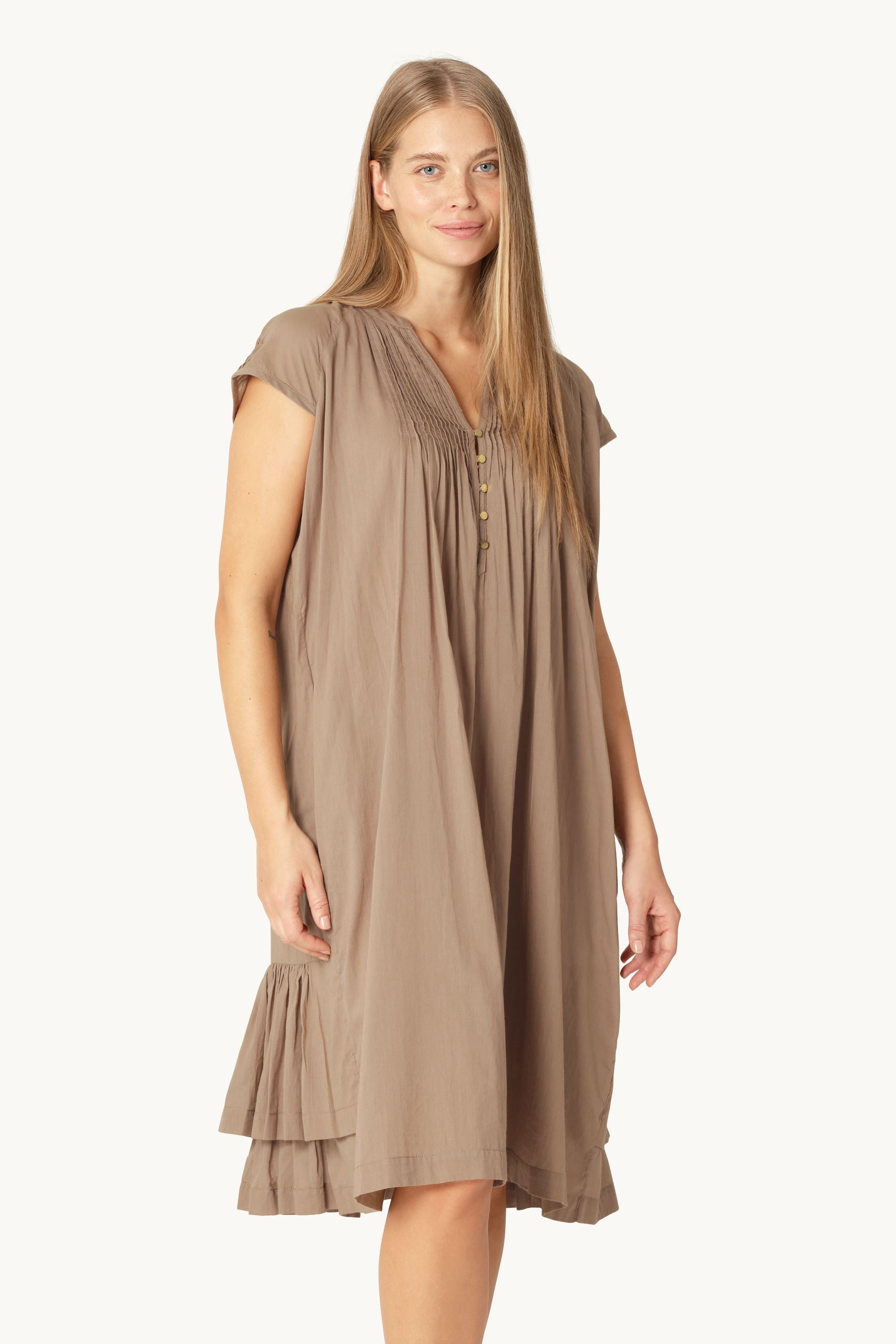 Vestido Largo de Manga Corta - Greige