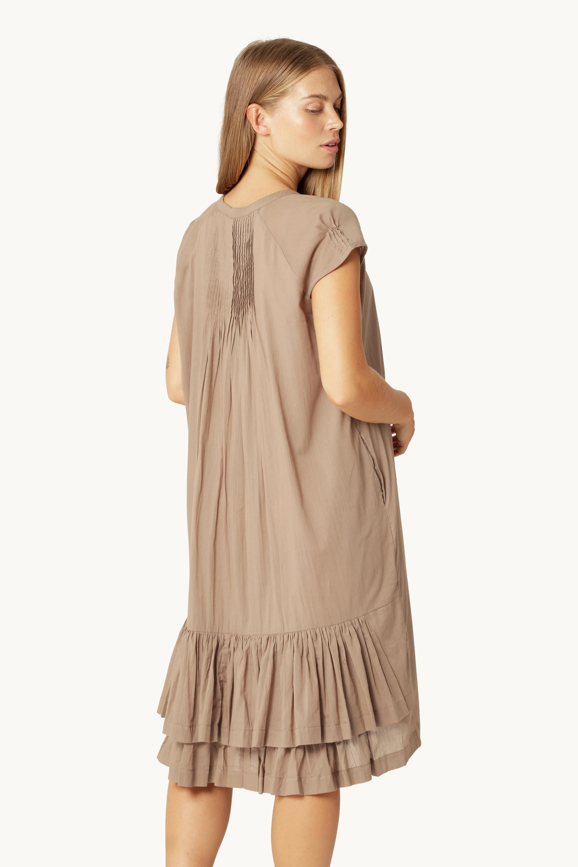 Vestido Largo de Manga Corta - Greige