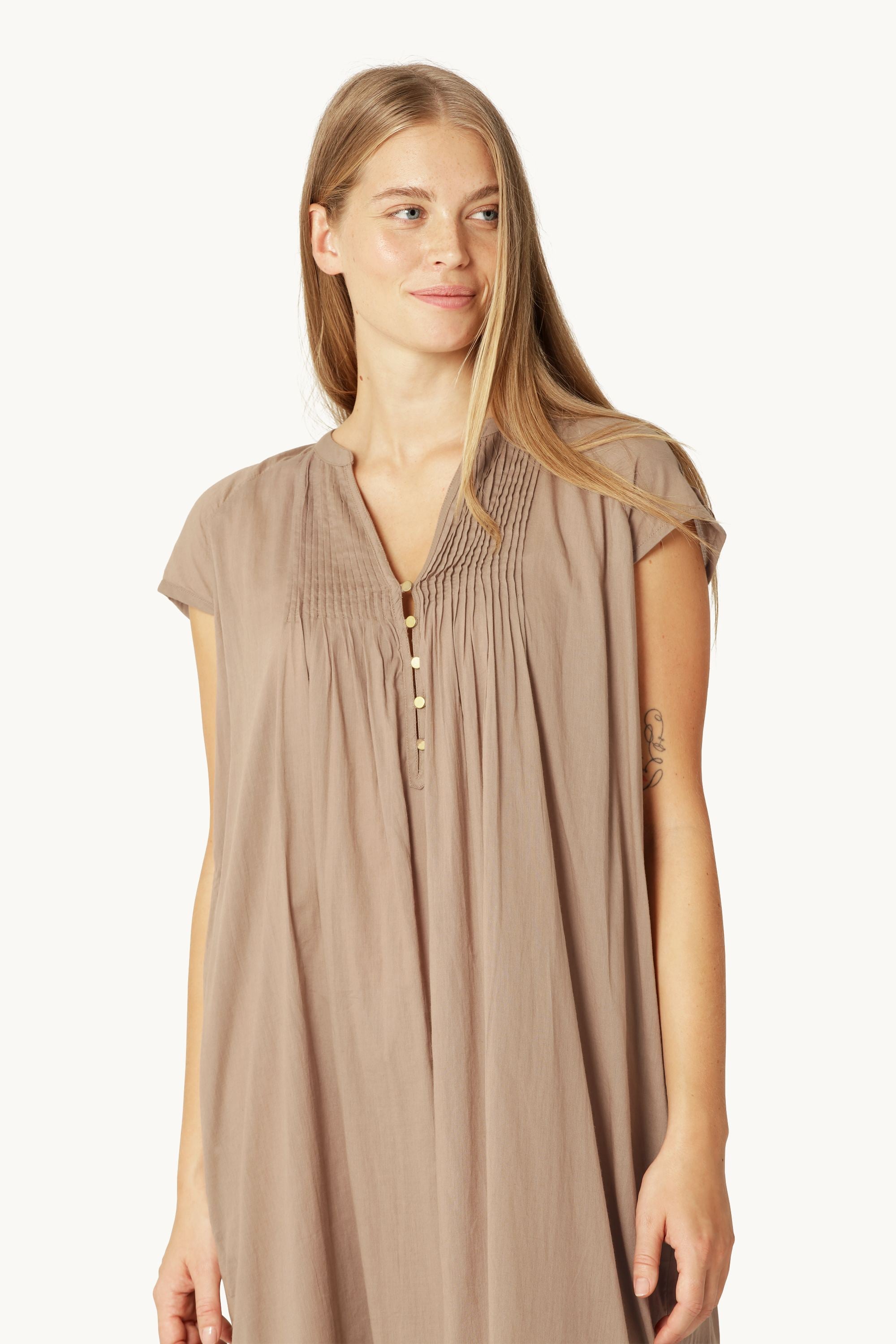 Vestido Largo de Manga Corta - Greige