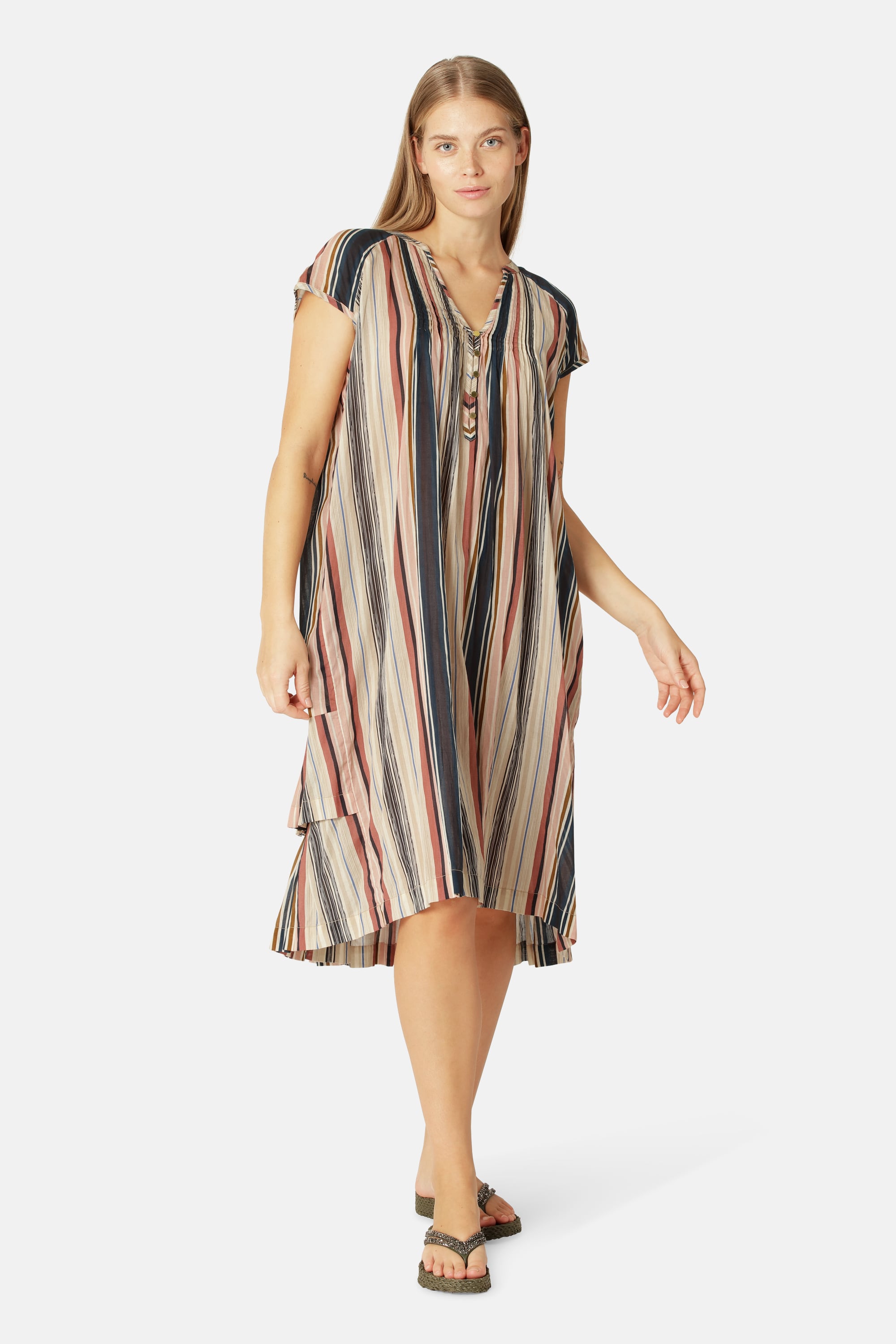 Vestido Largo de Manga Corta Pintuck - Beige Organic Stripe