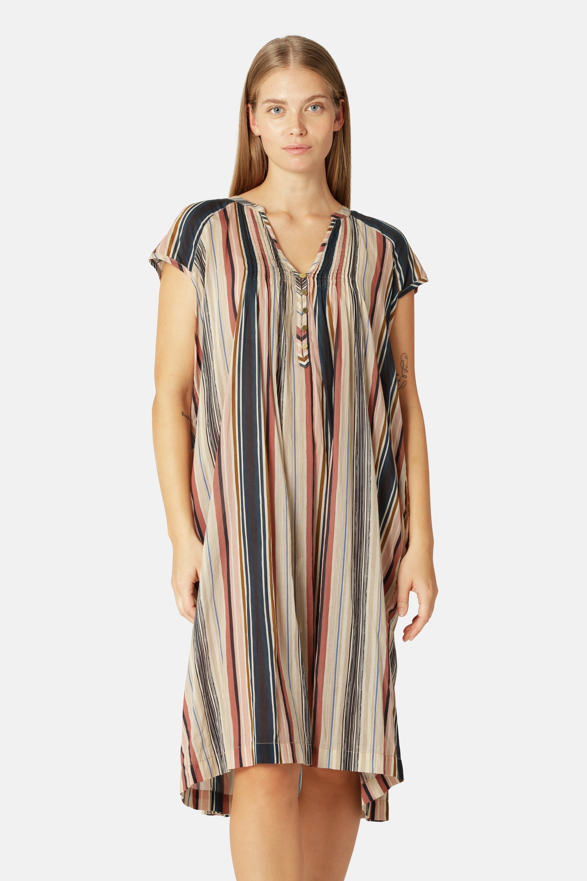 Vestido Largo de Manga Corta Pintuck - Beige Organic Stripe
