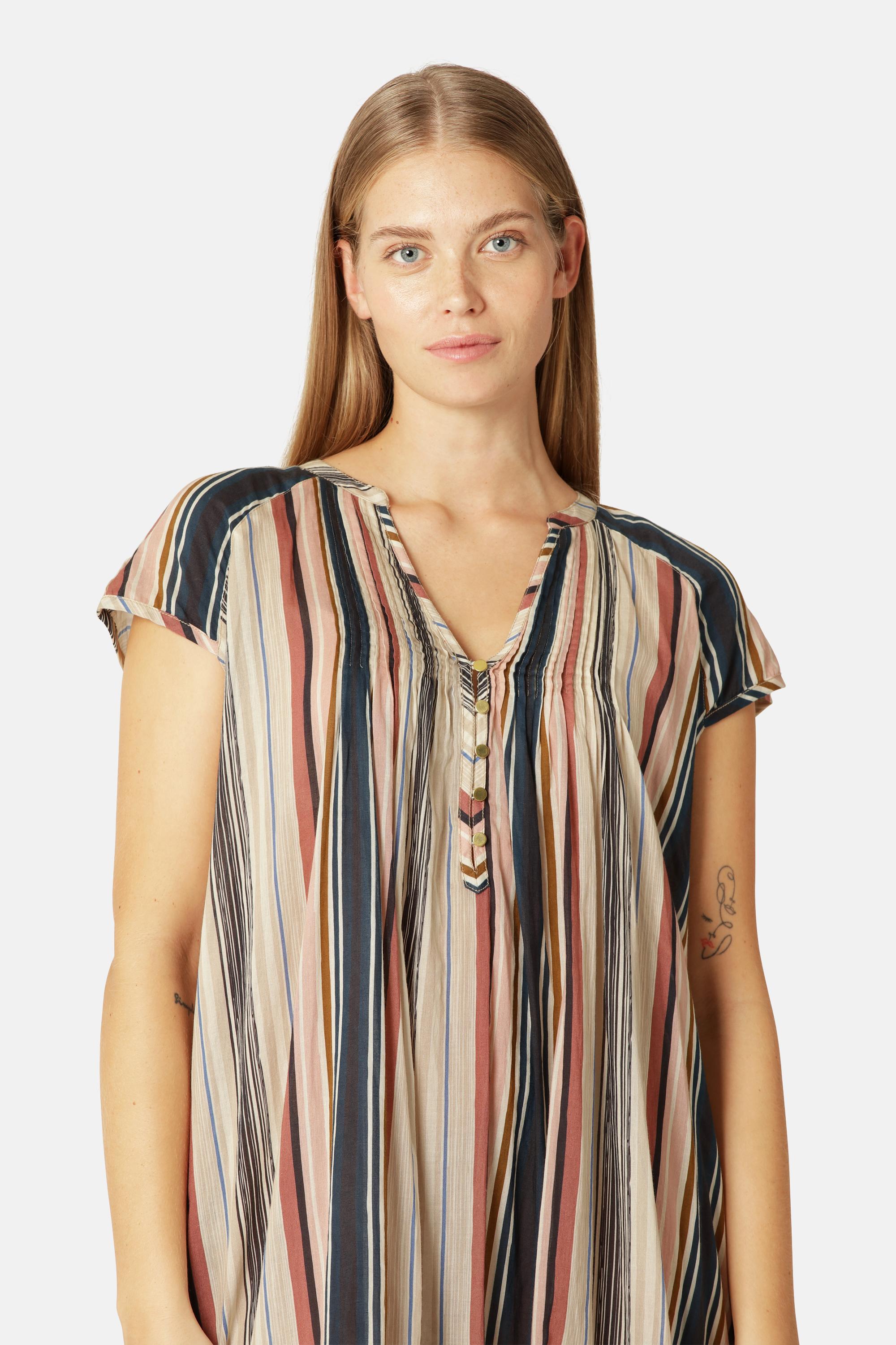 Vestido Largo de Manga Corta Pintuck - Beige Organic Stripe