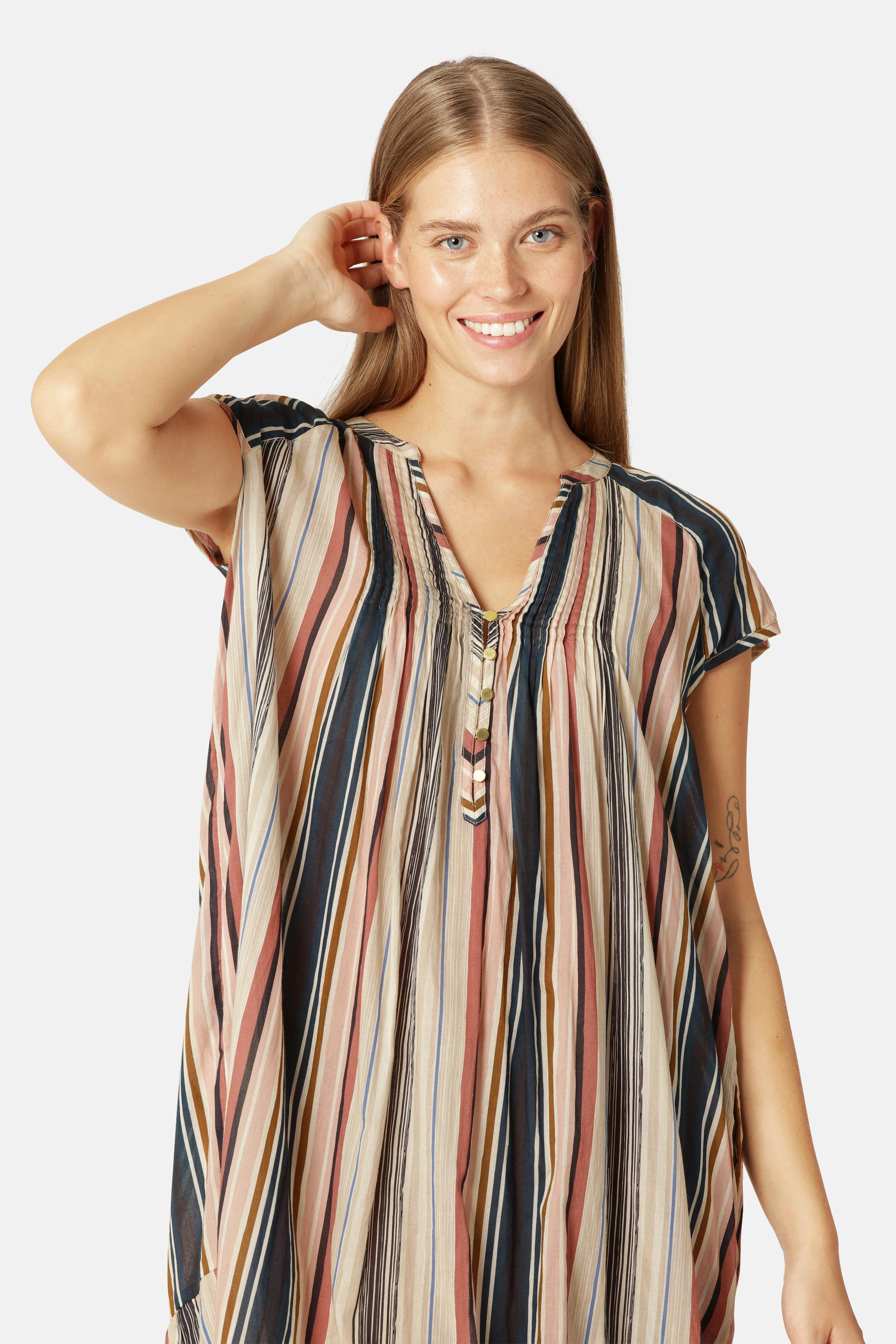 Vestido Largo de Manga Corta Pintuck - Beige Organic Stripe