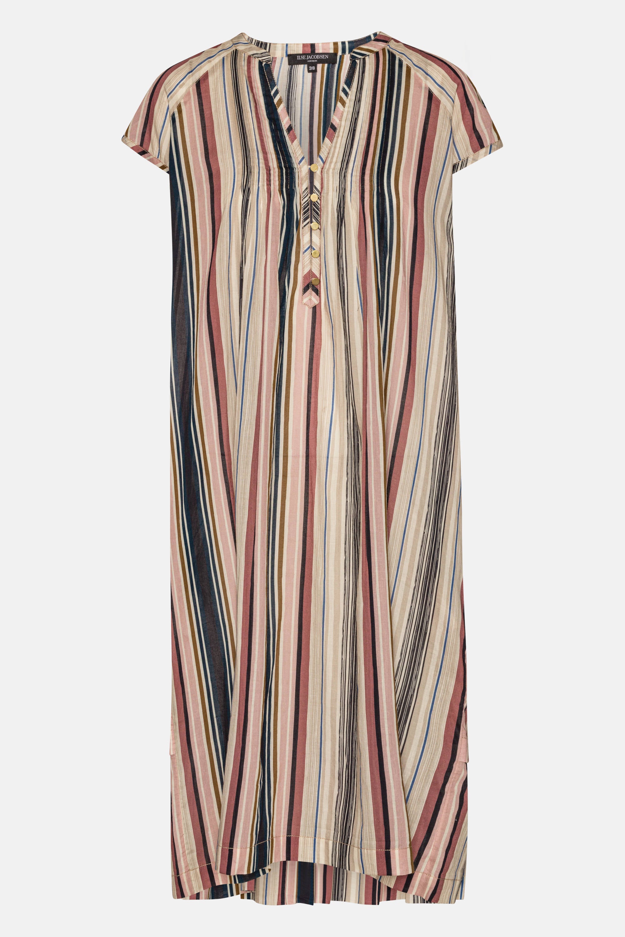 Vestido Largo de Manga Corta Pintuck - Beige Organic Stripe