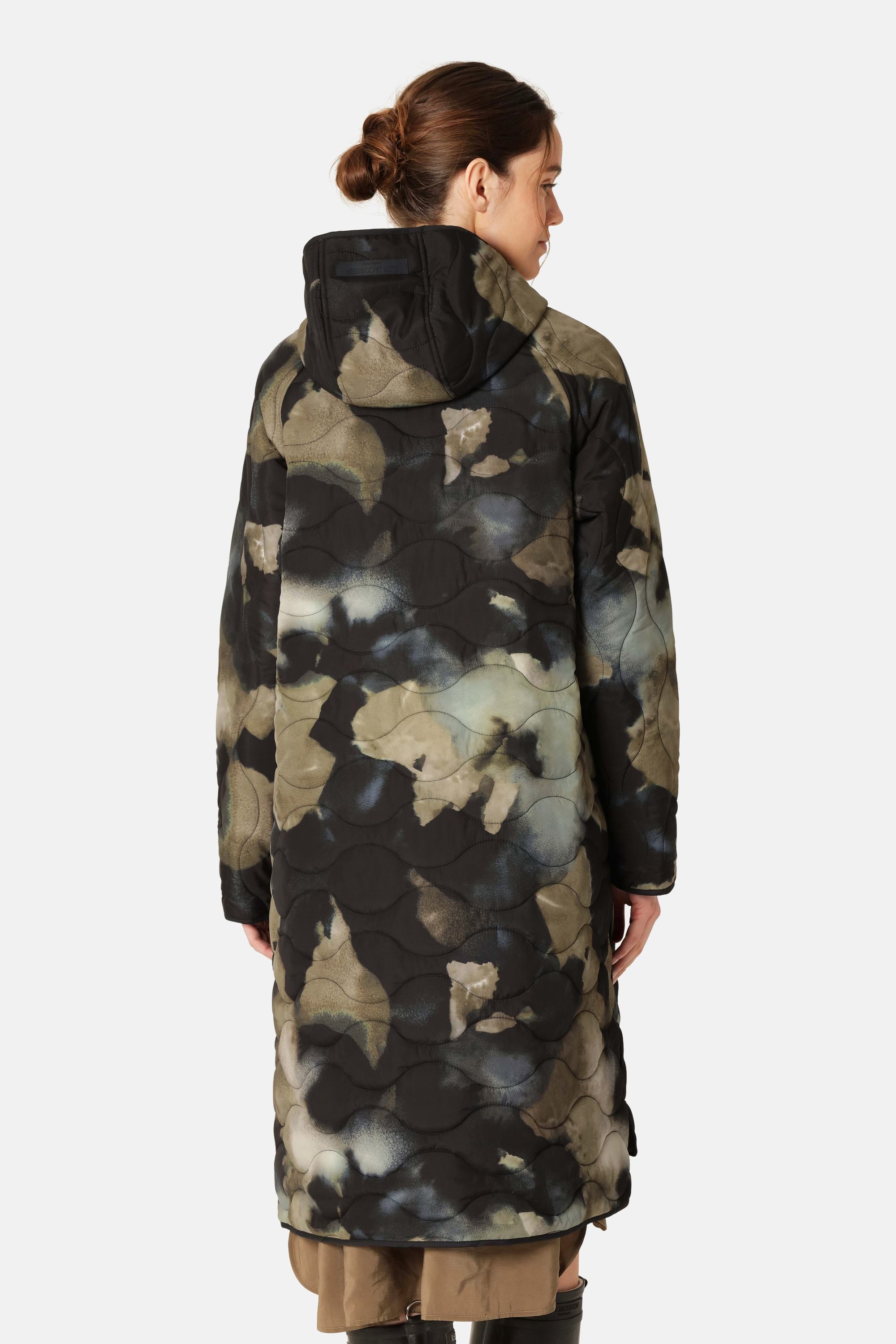 Long Quilt Jacket with Hood - Moss Print