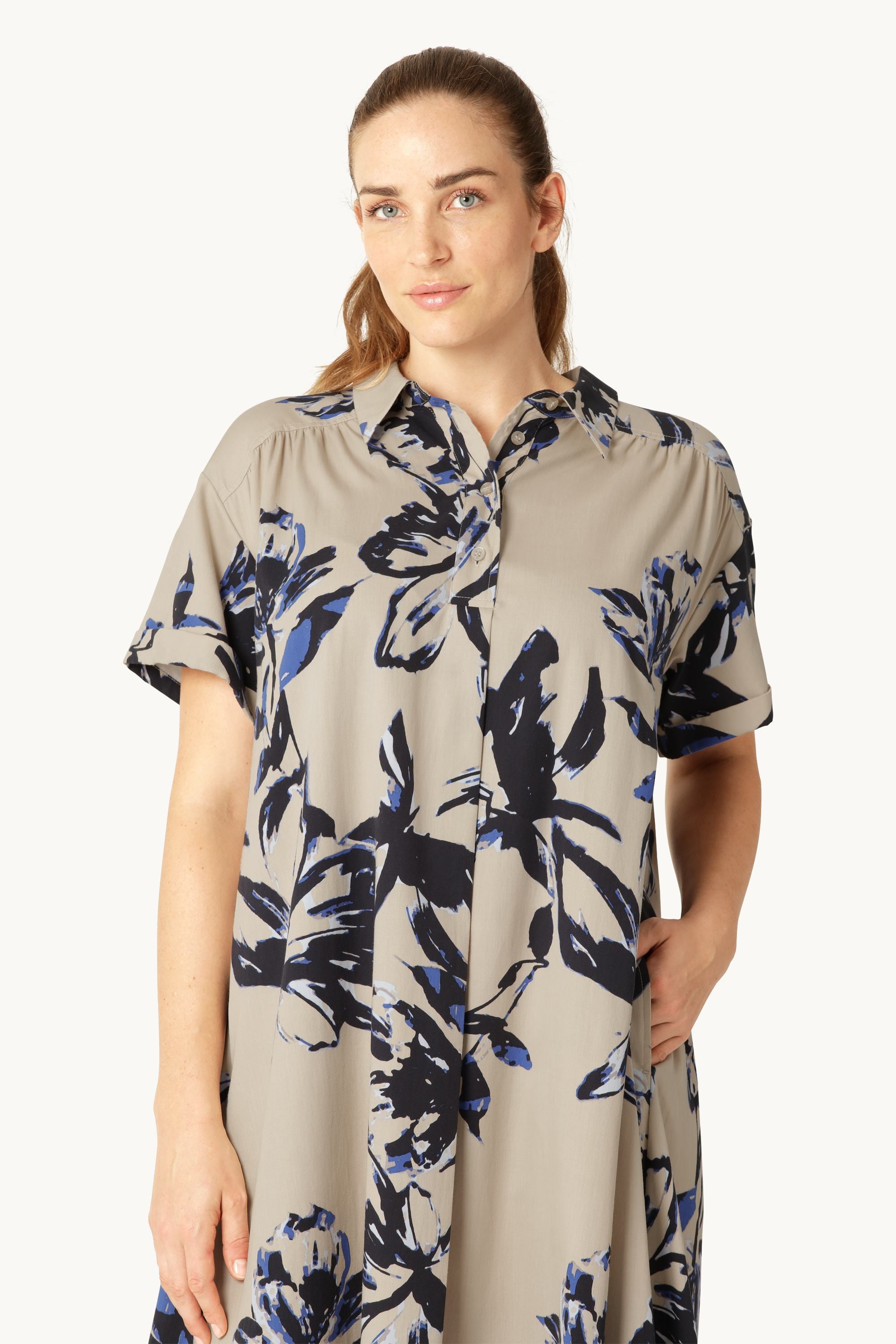 Long Dress A-line - Sand Artsy Stroke Flower